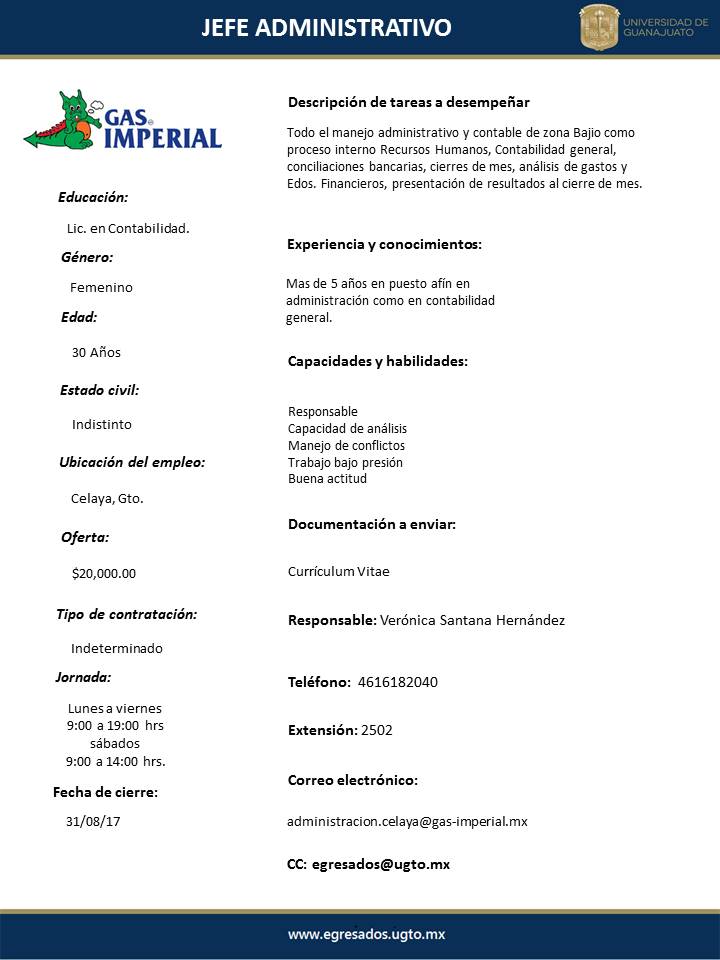 Vacante Gas Imperial Jefe Administrativo