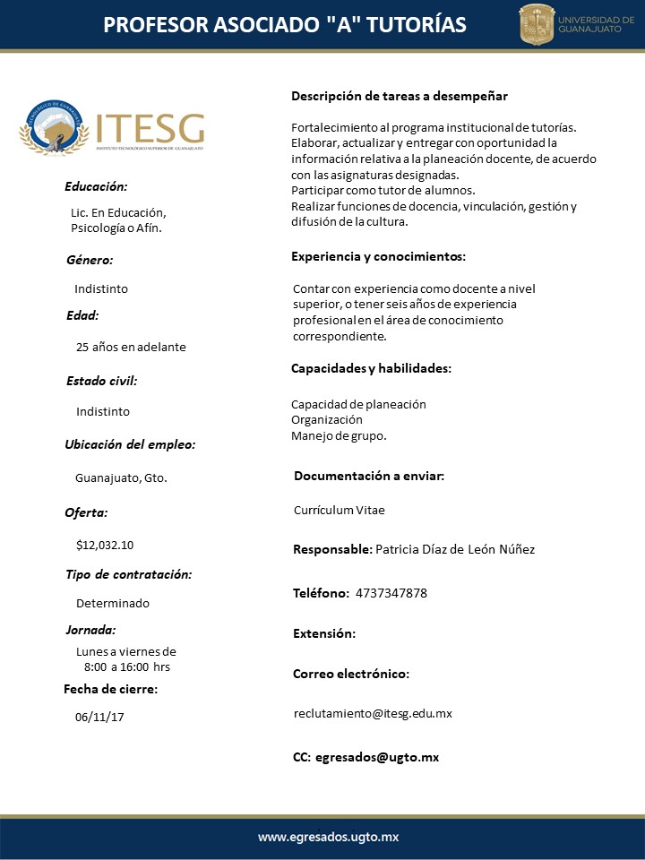 Vacante ITSG Profesor Asociado A Tutorias