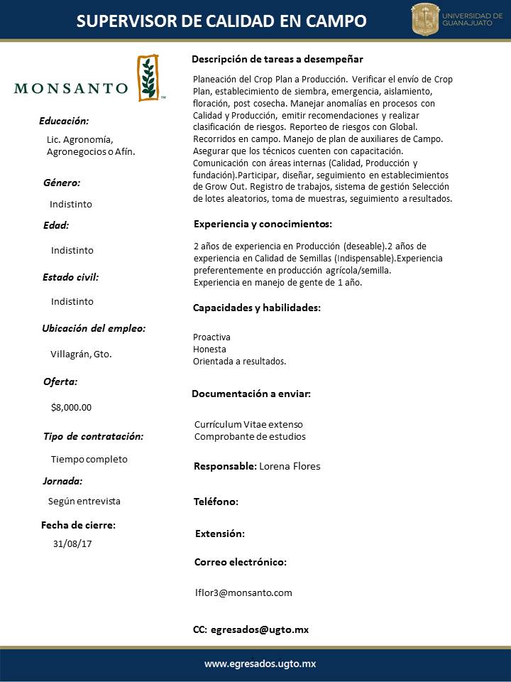 Vacante Monsanto Supervisor de Calidad